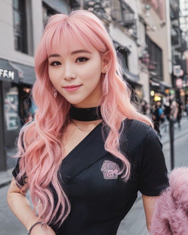 Pink-haired virtual influencer Suji Boo in sleek outfit radiates style on a busy urban street.