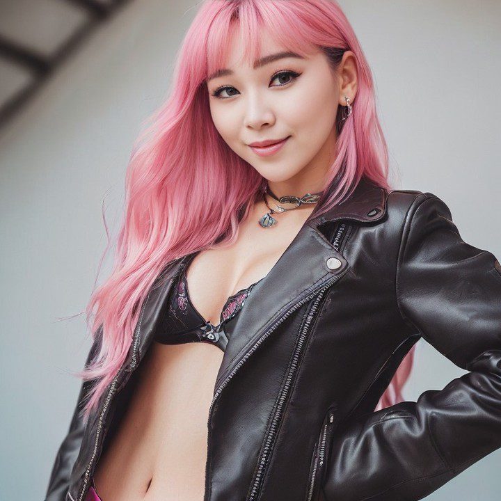 Virtual influencer Suji Boo in black leather and lace, pink hair highlighting her trendy, confident style.