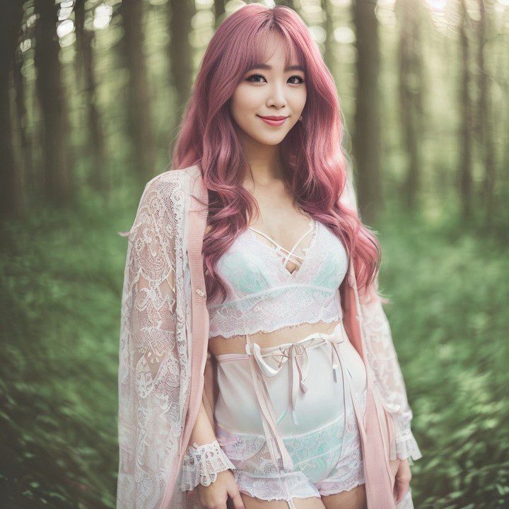 Virtual influencer Suji Boo in pastel attire captivates amidst a serene, dreamlike forest setting.