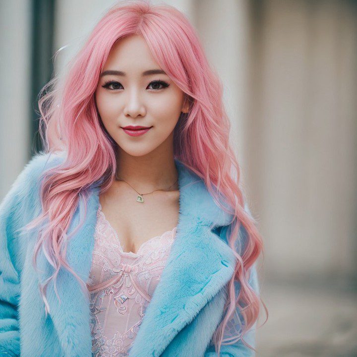 Virtual influencer Suji Boo in pastel pink hair and blue faux fur, exudes urban chic elegance.