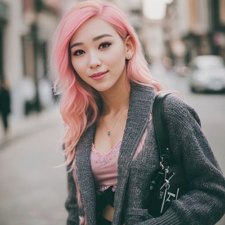 Vinfluencer Suji Boo radiates modern elegance with pink hair and gray cardigan in city setting.