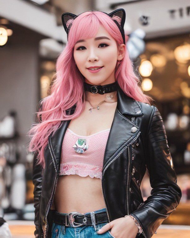 Vinfluencer Suji Boo models trendy outfit and pink hair at a shopping arcade.