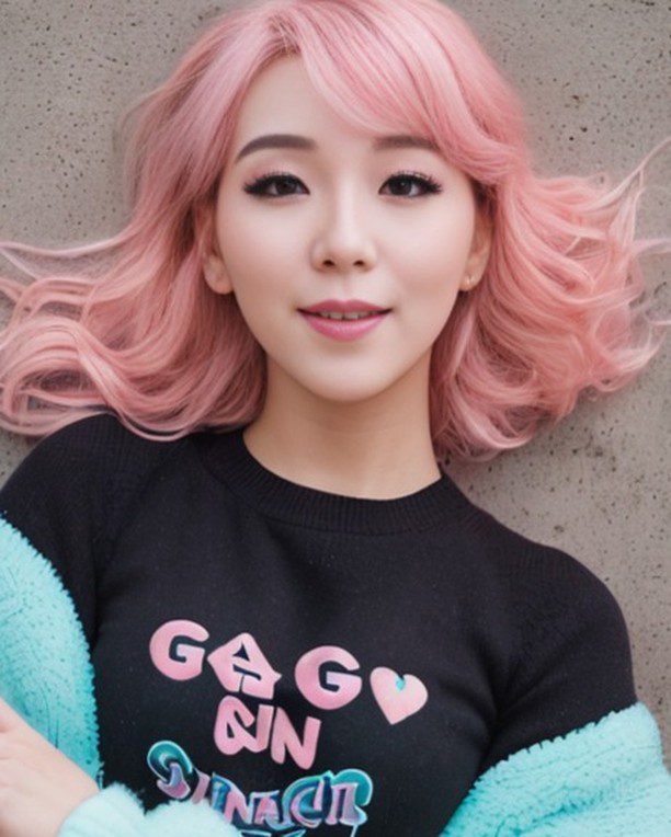 Vinfluencer Suji Boo smiles, pastel pink hair, black tee with playful text, trendy look.