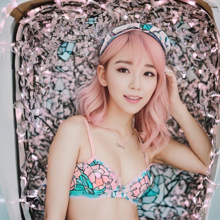 Virtual influencer Suji Boo in pink hair and floral bikini against a shimmering backdrop.