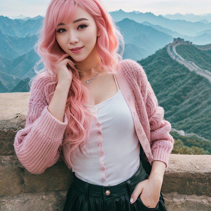 Virtual influencer Suji Boo models chic outfit at the Great Wall, pink hair highlighted.