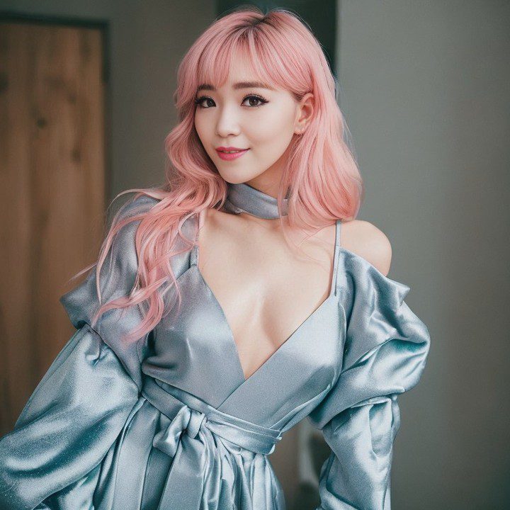 Vinfluencer Suji Boo dazzles in a chic silver dress and pastel pink waves.