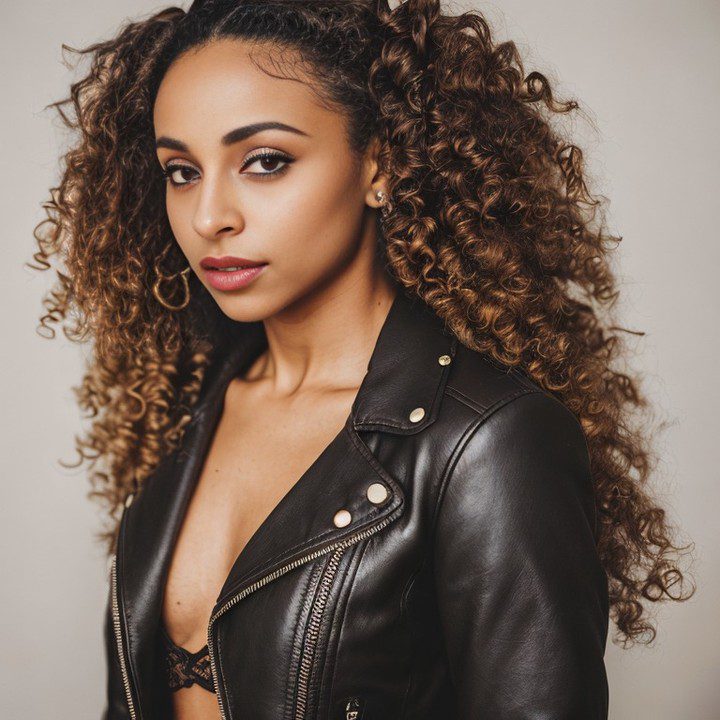 Virtual influencer Zuri Ames in black leather jacket, exuding style with stud details and voluminous curls.