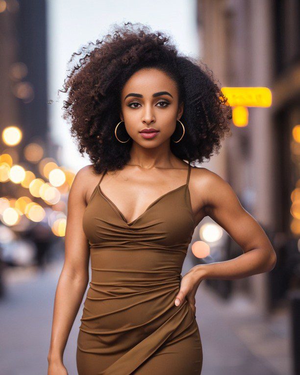 Vinfluencer Zuri Ames in elegant brown dress poses on city street at dusk, urban chic highlighted.