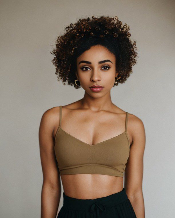 Vinfluencer Zuri Ames in chic outfit against beige backdrop, highlighting her curly afro and confident style.