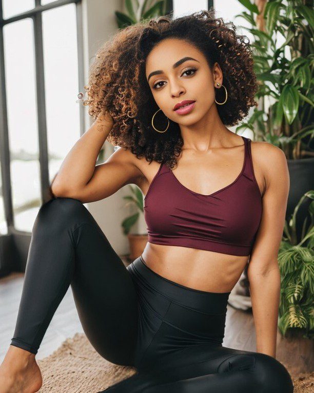 Virtual influencer Zuri Ames in maroon sportswear radiates confidence with her fitness-inspired look indoors.