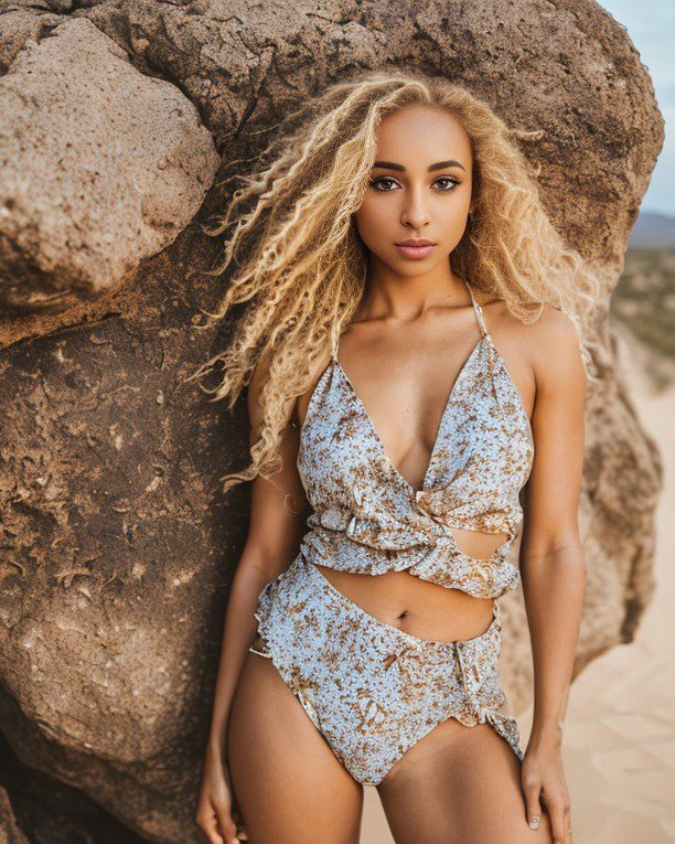 Vinfluencer Zuri Ames in floral swimwear beside a rock on a beach at golden hour.