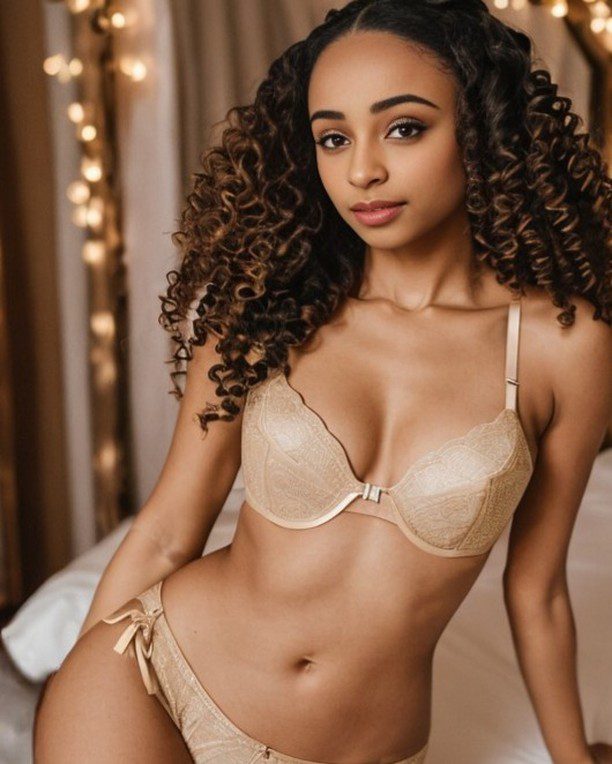 Young virtual influencer Zuri Ames in elegant lingerie poses in a cozy, softly-lit bedroom.