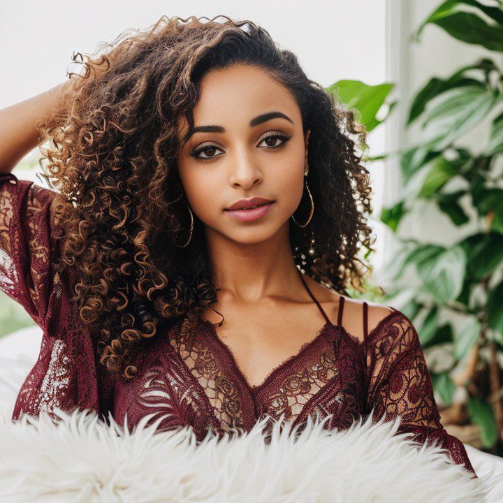 Virtual influencer Zuri Ames in maroon lace top, poised against a lush, green indoor backdrop.