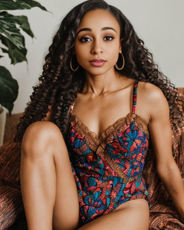 Vinfluencer Zuri Ames exudes elegance in vibrant bodysuit, seated thoughtfully in a rattan chair.