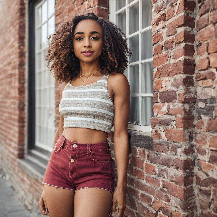 Vinfluencer Zuri Ames exudes confidence in stylish summer attire against a textured urban brick wall.