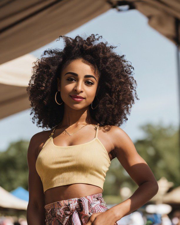 Virtual influencer Zuri Ames in yellow top and printed shorts at lively outdoor summer event.