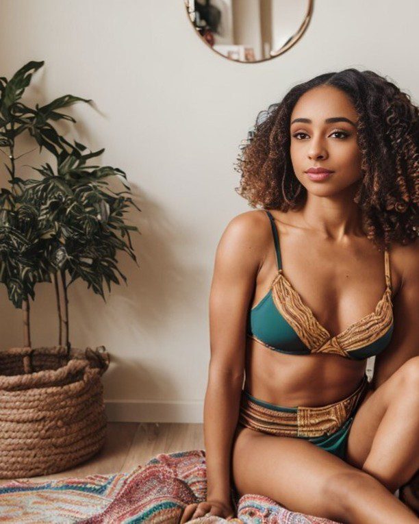 Vinfluencer Zuri Ames in textured teal swimwear, poised in a stylish room with lush greenery and soft lighting.