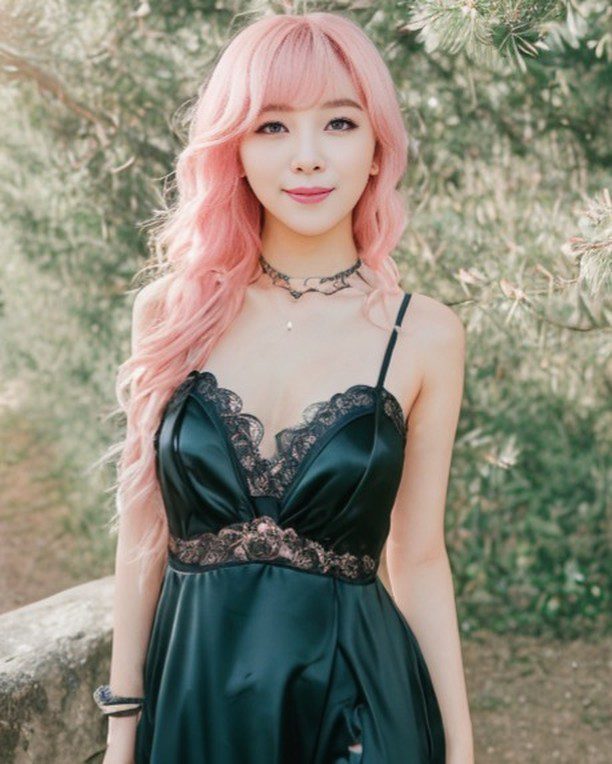 Vinfluencer Suji Boo in elegant black dress with pink hair, poised in serene, lush setting.