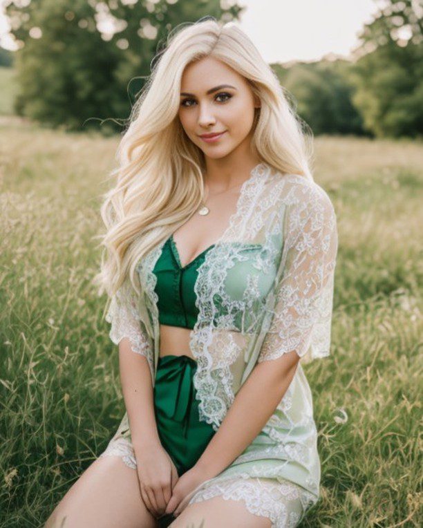 Vinfluencer Jessie Bee relaxes in a meadow, wearing an emerald top and white lace, surrounded by wildflowers.