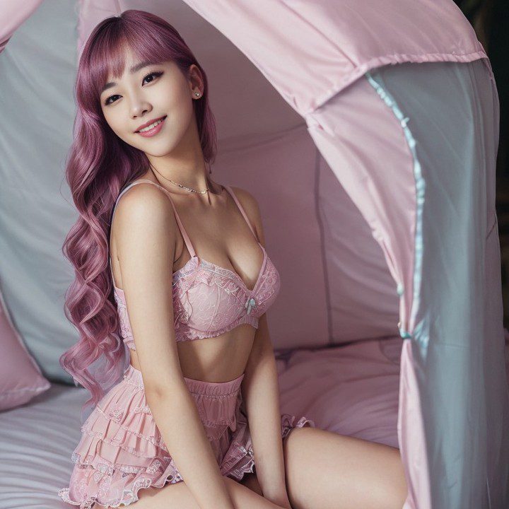 Vinfluencer Suji Boo in pink lace lingerie, relaxing in a pastel pink tented, serene setting.