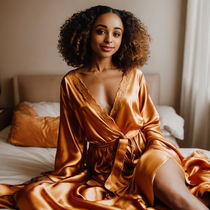 Virtual influencer Zuri Ames in golden robe on plush bed, exuding elegance in serene, luxurious setting.