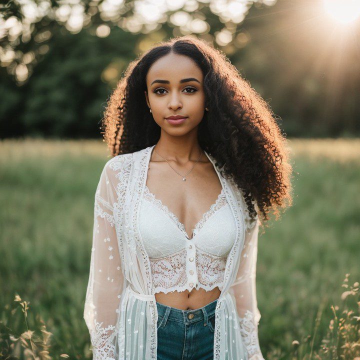 Virtual influencer Zuri Ames in lace cardigan enjoys serene, sunlit meadow during golden hour.