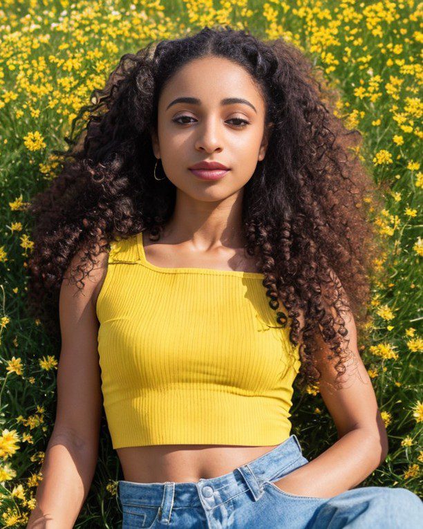 Virtual influencer Zuri Ames in yellow crop top, contrasts with vibrant yellow wildflower field, sunny portrait.