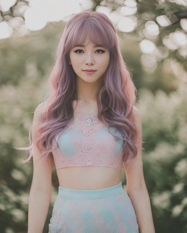 Vinfluencer Suji Boo in whimsical pastel outfit and hair, posing in a serene garden backdrop.