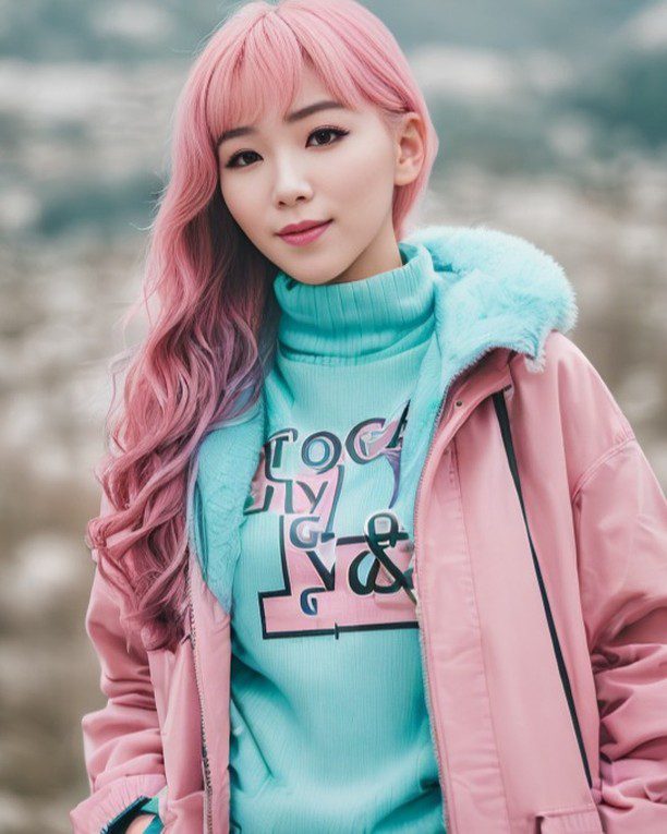 Vinfluencer Suji Boo with pink hair in pastel fashion amidst a serene outdoor backdrop.