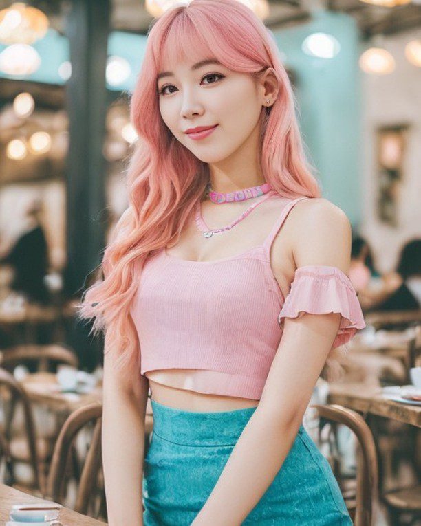 Young virtual influencer Suji Boo with pastel pink hair and chic fashion in a cozy café setting.