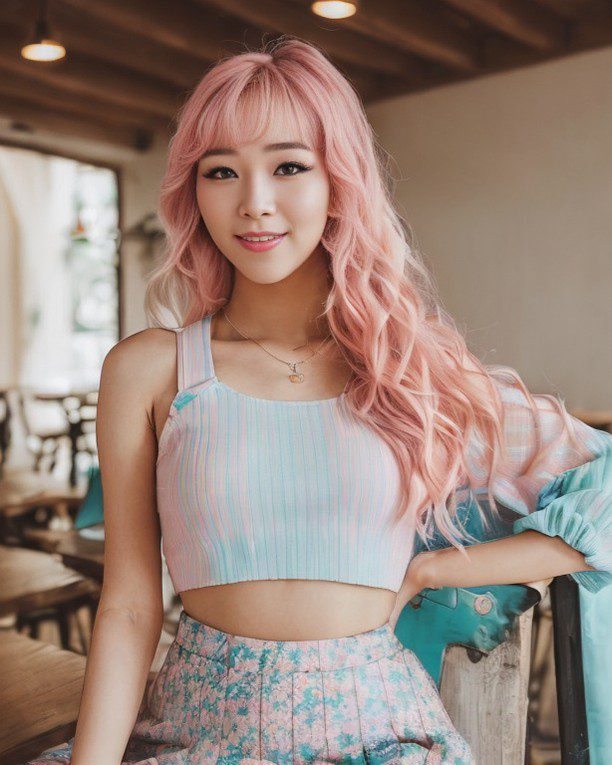 Vinfluencer Suji Boo with pastel pink hair and stylish outfit in a cozy café setting.