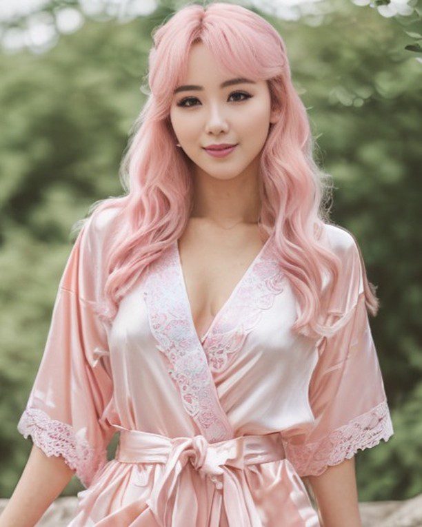 Vinfluencer Suji Boo with long pink hair wearing a silky robe, stands amid lush greenery, exuding elegance.