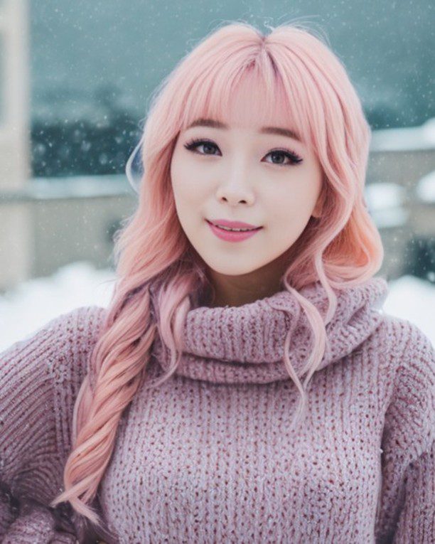 Vinfluencer Suji Boo with pastel pink hair and lavender sweater in snowy winter scene.