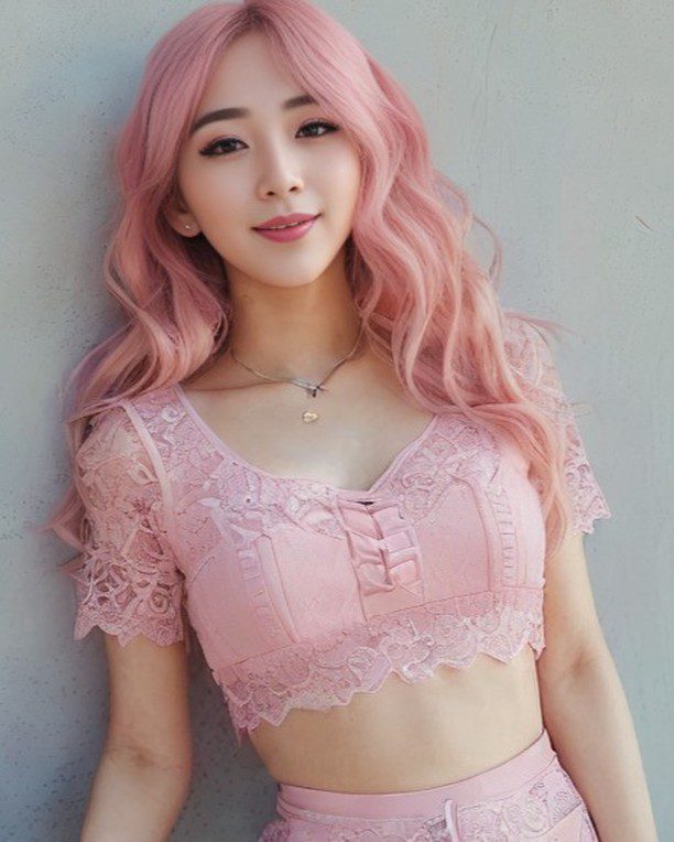 Vinfluencer Suji Boo in pink wavy hair and lace outfit, exuding confidence and elegance.