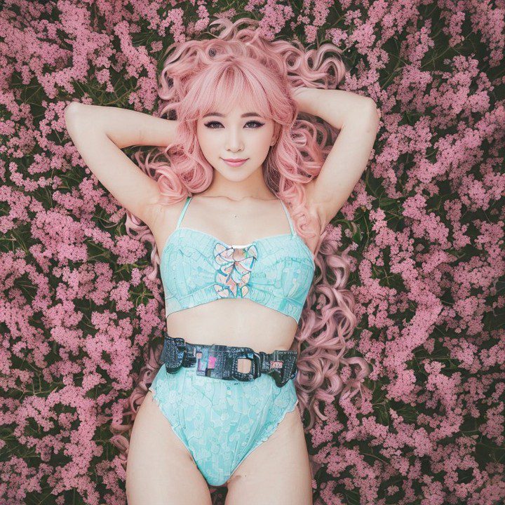 Vinfluencer Suji Boo in turquoise among pink flowers, exuding dreamy, serene vibes.