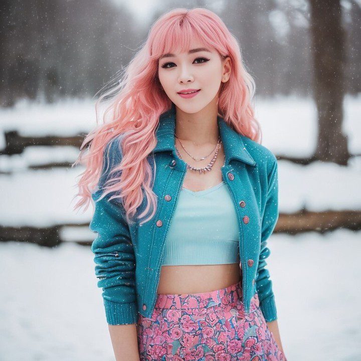 Virtual Influencer Suji Boo showcases vibrant winter fashion in snowy landscape with pastel pink hair.