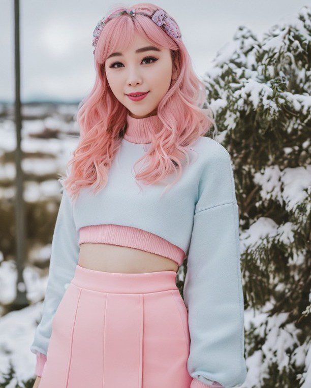 Vinfluencer Suji Boo's pastel pink hair and stylish winter outfit in snowy landscape.