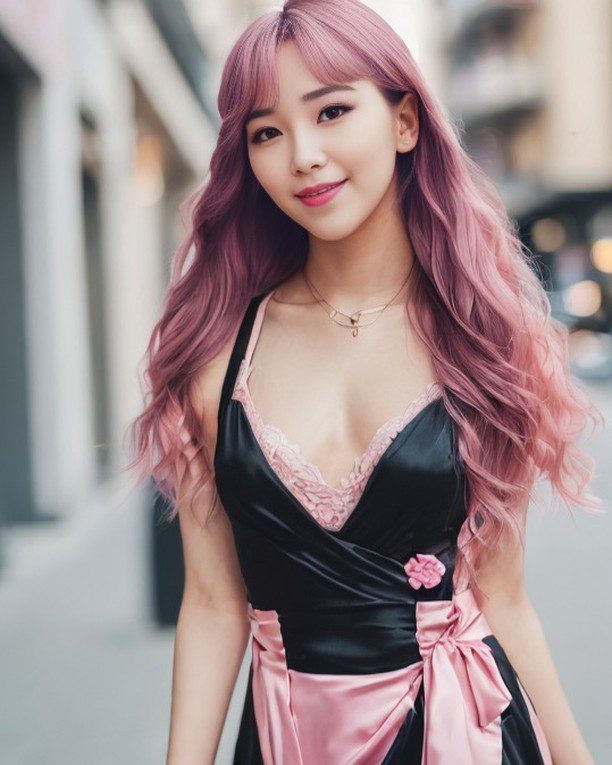 Vinfluencer Suji Boo radiates in a chic, urban outfit with striking purple hair on a city street.