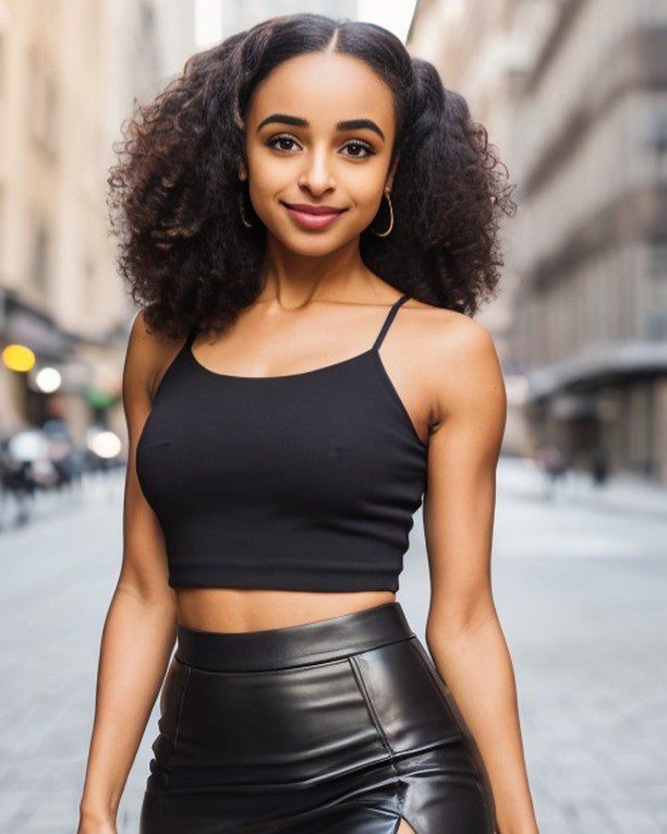 Vinfluencer Zuri Ames in black crop top and leather skirt, exuding confidence in urban street.