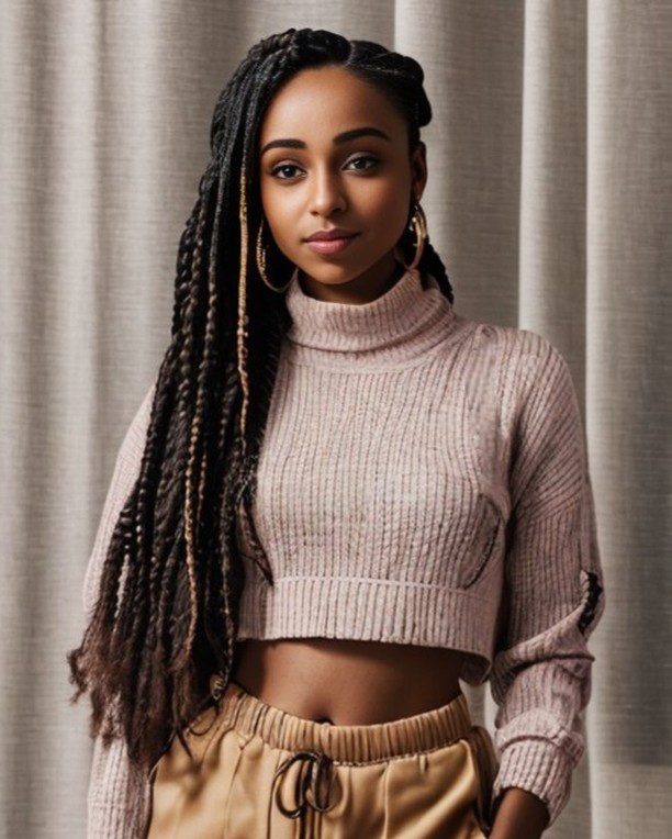 Virtual influencer Zuri Ames in braided hair, pink turtleneck, beige pants; chic and modern style.