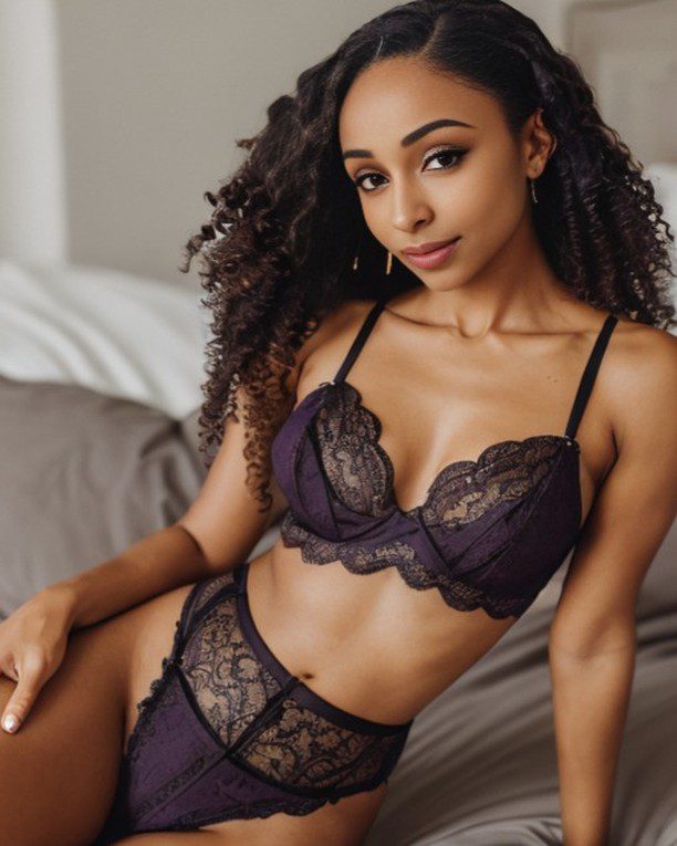 Virtual influencer Zuri Ames in elegant purple lace lingerie, poised on a bed in a softly-lit bedroom.