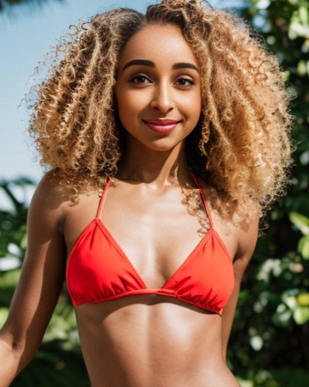 Virtual influencer Ames in red bikini, curly hair, vibrant tropical foliage background.