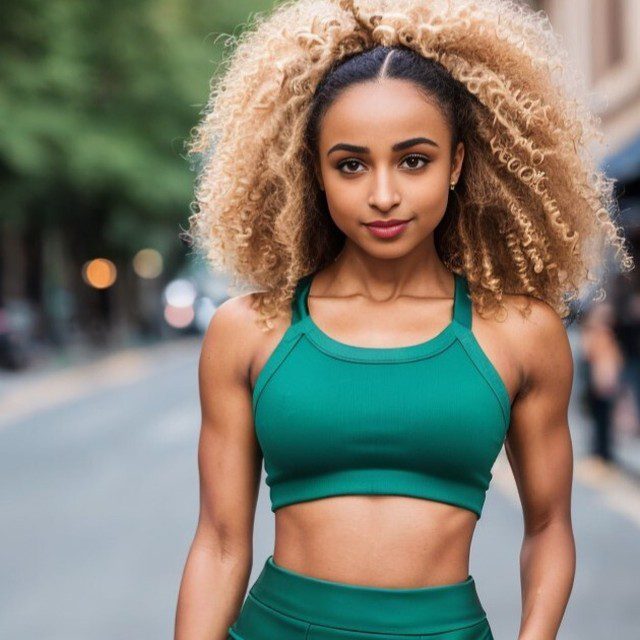 Vinfluencer Zuri Ames in green sportswear exudes confidence on a sunlit urban street.