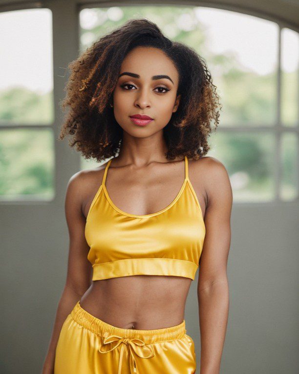 Virtual influencer Zuri Ames in vibrant yellow silk attire, radiant curls, exuding confidence indoors.