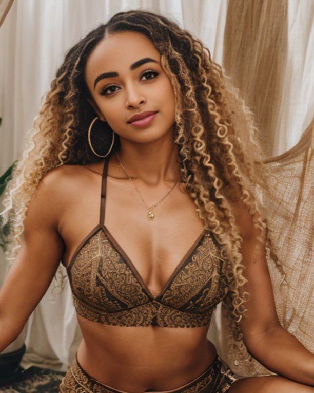 Chic virtual influencer Zuri Ames in curly hair and hoop earrings, wearing a patterned bralette.