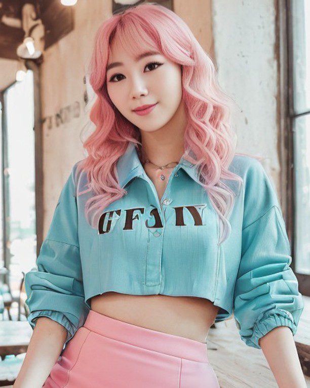 Vinfluencer Suji Boo in pastel outfit with pink hair in sunlit urban setting.