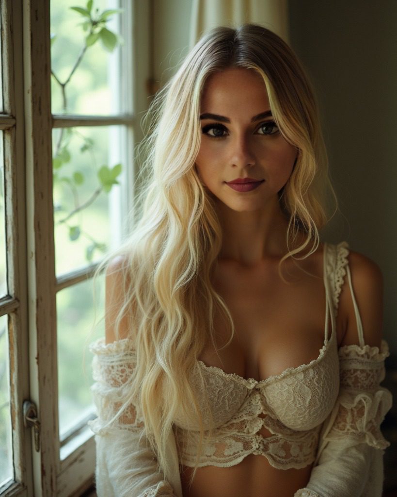 Virtual influencer Jessie Bee by window in lace, blonde waves, serene expression, soft natural light.