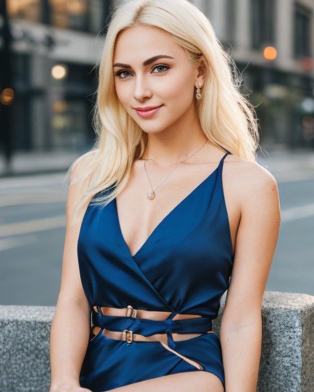 Vinfluencer Jessie Bee exudes urban elegance in a blue dress, stunning blonde hair shimmering in light.