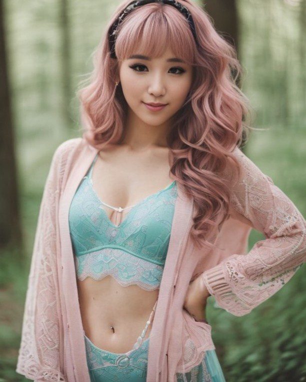 Virtual influencer Suji Boo in a pastel outfit amidst serene forest with pink hair.