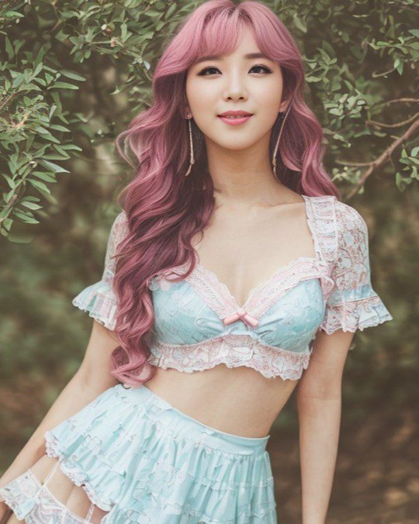 Vinfluencer Suji Boo in a garden wearing stylish pink-purple hair and blue lace ensemble.